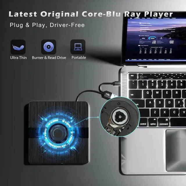 Alt view image 6 of 7 - External Blu Ray Drive, BD Player with Read/Write Capability Portable Blu-ray Player with USB 3.0 & Type-C CD/DVD Burner 3D Blu-ray Drive Compatible with Win10 Mac OS, Blu Ray Player for PC