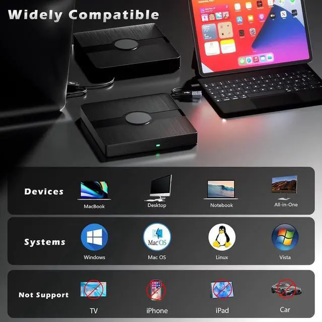 Alt view image 7 of 7 - External Blu Ray Drive, BD Player with Read/Write Capability Portable Blu-ray Player with USB 3.0 & Type-C CD/DVD Burner 3D Blu-ray Drive Compatible with Win10 Mac OS, Blu Ray Player for PC