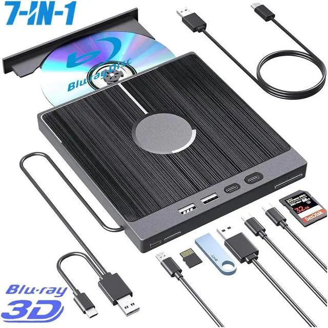 Main image of External Bluray Drive [7 in 1], Portable Blu-ray DVD Burner with USB 3.0/Type-C/SD/TF Card Ports, Support 100G Disc R/W for PC Compatible with Windows XP/7/8/10/11 Mac Laptop Desktop