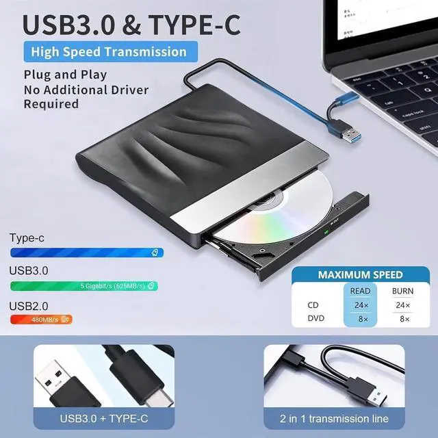 Alt view image 7 of 7 - External CD DVD Drive,Type-C USB 3.0 Portable Drive Reader DVD CD RW Writer Burner Player Optical DVD Drive CD DVD+/-Rw External Disk Drive for Laptop,Desktop, Windows 11/10/8/7/XP/Linux, Mac