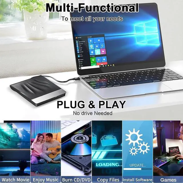 Alt view image 2 of 7 - External CD DVD Drive,Type-C USB 3.0 Portable Drive Reader DVD CD RW Writer Burner Player Optical DVD Drive CD DVD+/-Rw External Disk Drive for Laptop,Desktop, Windows 11/10/8/7/XP/Linux, Mac