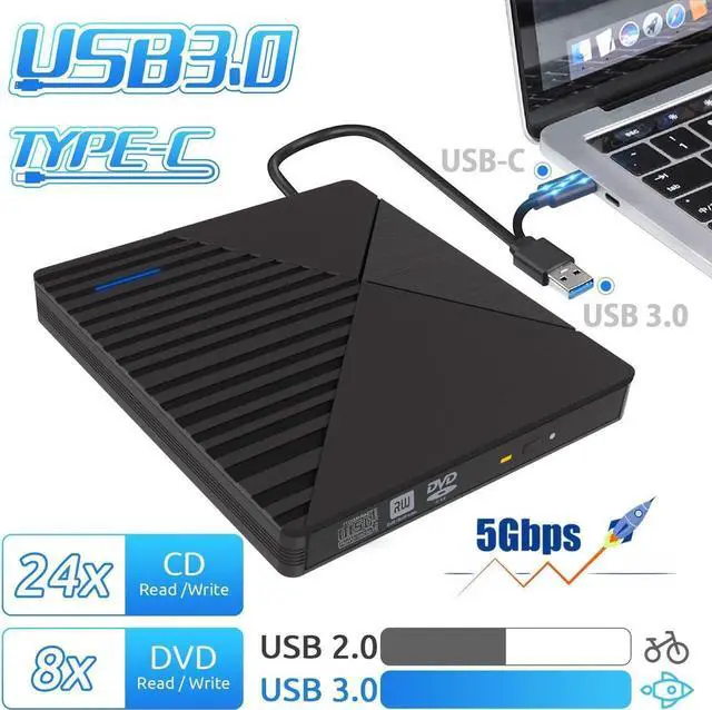 Alt view image 2 of 7 - External CD DVD Drive, 7-in-1 Portable CD DVD +/-Rw Reader Disk Drive Slim DVD/CD Burner Player, USB 3.0 and Type-C Optical DVD Drive ROM Burner Rewriter for Laptop PC Windows 10/8/7/XP Mac OS