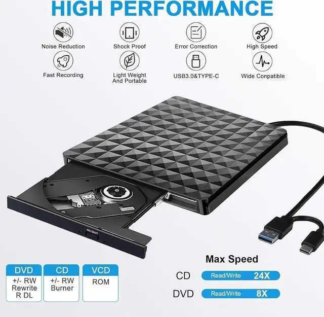 Alt view image 3 of 7 - External CD DVD Drive, Type-C & USB 3.0 Portable CD/DVD +/-RW ROM Burner Rewriter,Player Optical DVD Drive External Disk Drive for Laptop PC, Desktop, Windows 11/10/8/7 /XP/Vista/Linux, MacOS