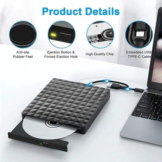 Alt view image 7 of 7 - External CD DVD Drive, Type-C & USB 3.0 Portable CD/DVD +/-RW ROM Burner Rewriter,Player Optical DVD Drive External Disk Drive for Laptop PC, Desktop, Windows 11/10/8/7 /XP/Vista/Linux, MacOS