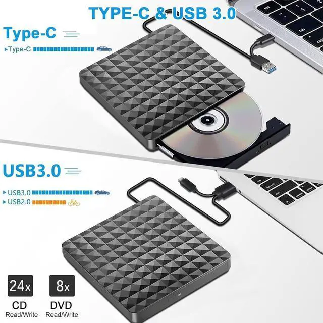 Alt view image 5 of 7 - External CD DVD Drive, Type-C & USB 3.0 Portable CD/DVD +/-RW ROM Burner Rewriter,Player Optical DVD Drive External Disk Drive for Laptop PC, Desktop, Windows 11/10/8/7 /XP/Vista/Linux, MacOS