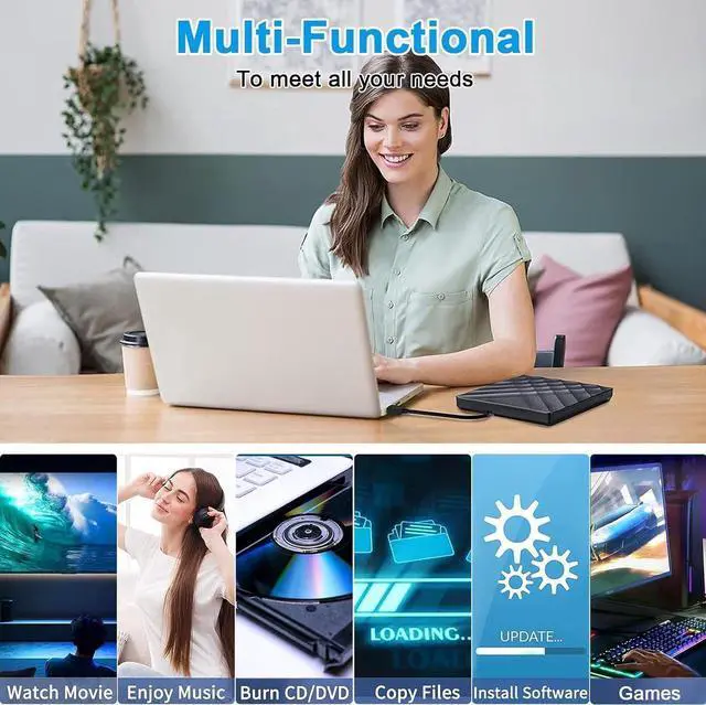 Alt view image 4 of 7 - External CD DVD Drive, Type-C & USB 3.0 Portable CD/DVD +/-RW ROM Burner Rewriter,Player Optical DVD Drive External Disk Drive for Laptop PC, Desktop, Windows 11/10/8/7 /XP/Vista/Linux, MacOS