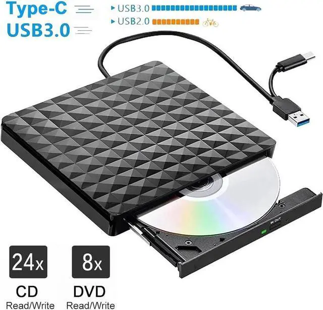 Main image of External CD DVD Drive, Type-C & USB 3.0 Portable CD/DVD +/-RW ROM Burner Rewriter,Player Optical DVD Drive External Disk Drive for Laptop PC, Desktop, Windows 11/10/8/7 /XP/Vista/Linux, MacOS