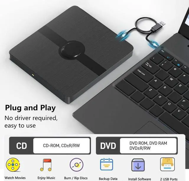 Alt view image 7 of 7 - External CD DVD Drive for Laptop, USB 3.0 & Type-C Slim Portable External CD/DVD +/-Rw Drive Writer Reader Burner Disk Drive CD Player for Desktop PC Windows 11/10/8/7/XP Vista, Linux, MacOS