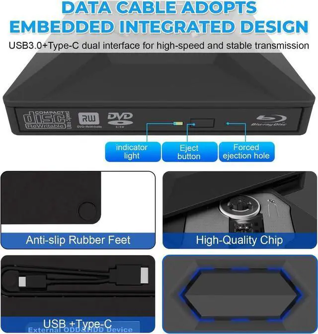 Alt view image 6 of 7 - External Blu-ray Drive, 6 in 1 BD External Blu Ray Drive USB 3.0 & Type-C BD/CD/DVD +/-Rw Reader Player 3D Blu Ray Burner Writer, Slim Optical Bluray Drive for Laptop Windows XP/7/8/10/11 MacOS