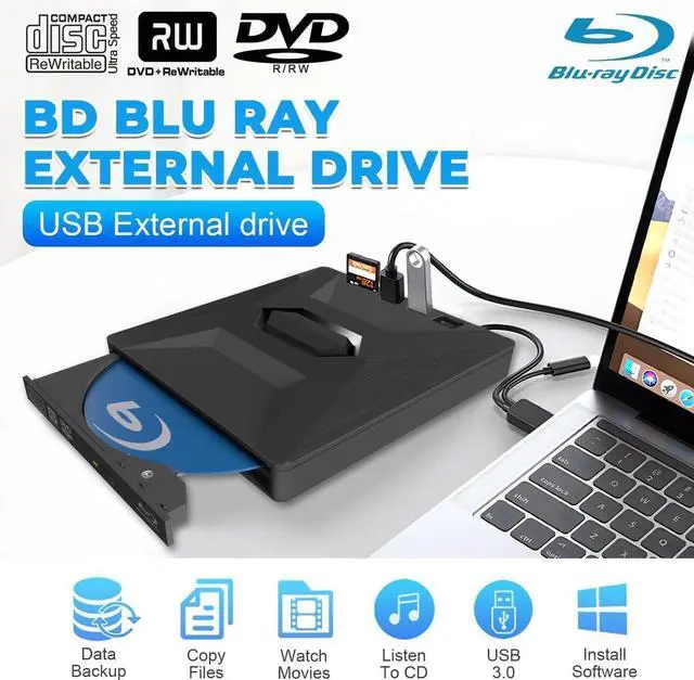 Alt view image 2 of 7 - External Blu-ray Drive, 6 in 1 BD External Blu Ray Drive USB 3.0 & Type-C BD/CD/DVD +/-Rw Reader Player 3D Blu Ray Burner Writer, Slim Optical Bluray Drive for Laptop Windows XP/7/8/10/11 MacOS