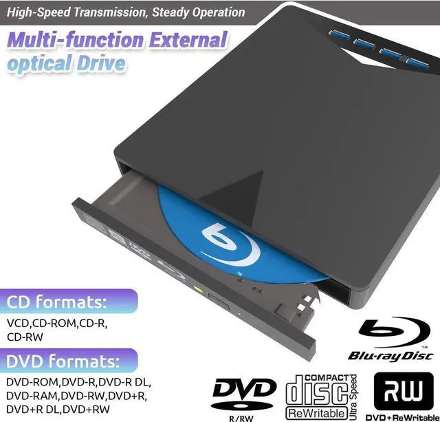 Alt view image 2 of 7 - Multi-Function External Blu-ray Drive, 7 in 1 External Blu Ray Drive USB 3.0 & Type-C DVD/BD Player Blu Ray Burner Writer, Portable Slim Bluray Drive for Laptop PC Desktop Windows 11 10 Mac OS