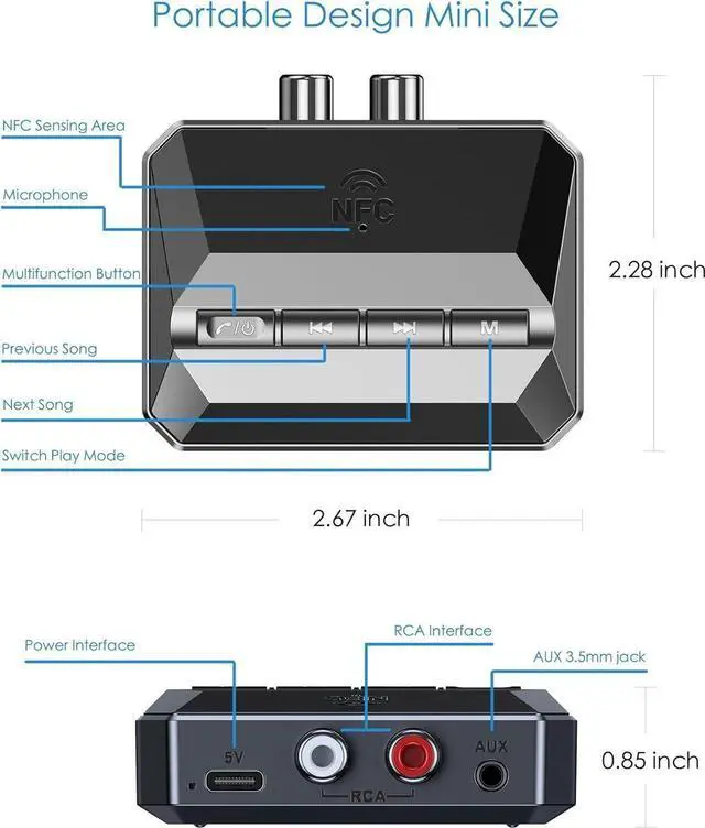 Alt view image 6 of 7 - Bluetooth 5.3 Receiver Audio Adapter for Home Stereo, NFC-Enabled Bluetooth Stereo Adapter for Speakers, RCA 3.5mm AUX for Music Streaming Stereo System, Support USB Driver/TF Card Play Music