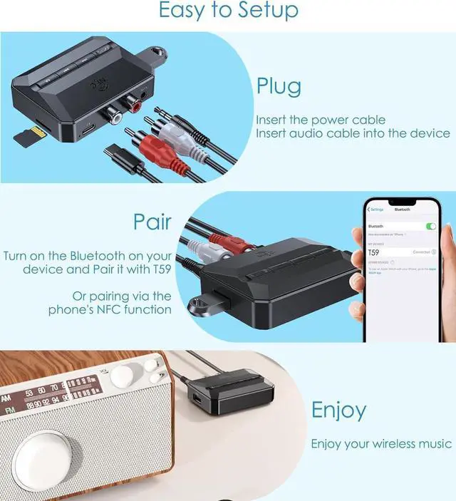 Alt view image 7 of 7 - Bluetooth 5.3 Receiver Audio Adapter for Home Stereo, NFC-Enabled Bluetooth Stereo Adapter for Speakers, RCA 3.5mm AUX for Music Streaming Stereo System, Support USB Driver/TF Card Play Music