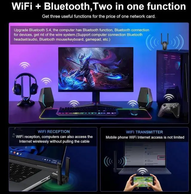 Alt view image 2 of 6 - AX900M 2 in 1 WiFi + Bluetooth Wireless Adapter for PC, Dual Band 2.4GHz/5GHz with Dual Antenna 5DBi, Bluetooth Dongle 5.4 Compatible with Windows 11/10, WiFi 6 Adapter for Computer/Laptop