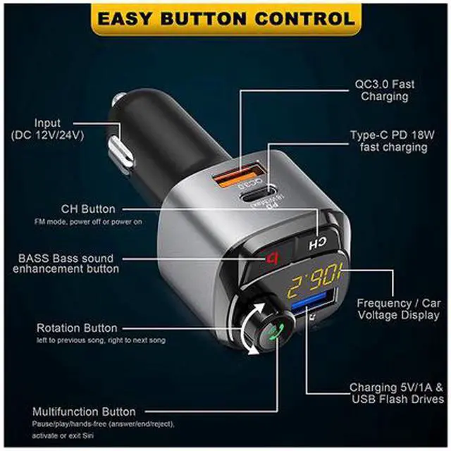 Alt view image 2 of 6 - Bluetooth 5.0 FM Transmitter for Car, QC3.0+Type-C PD 18W Wireless Bluetooth FM Radio Adapter Bass Sound Music Player FM Car Kit with Hands-free Calling and 3 USB Ports Charger Support USB Drive
