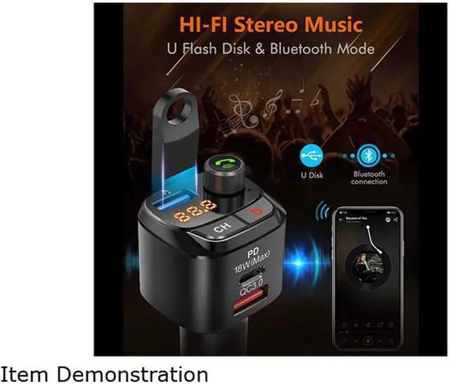 Alt view image 6 of 6 - Bluetooth 5.0 FM Transmitter for Car, QC3.0+Type-C PD 18W Wireless Bluetooth FM Radio Adapter Bass Sound Music Player FM Car Kit with Hands-free Calling and 3 USB Ports Charger Support USB Drive