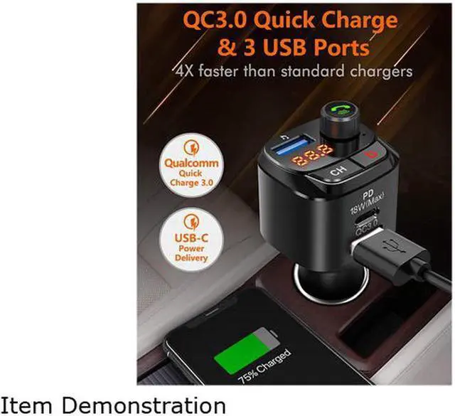 Alt view image 3 of 6 - Bluetooth 5.0 FM Transmitter for Car, QC3.0+Type-C PD 18W Wireless Bluetooth FM Radio Adapter Bass Sound Music Player FM Car Kit with Hands-free Calling and 3 USB Ports Charger Support USB Drive