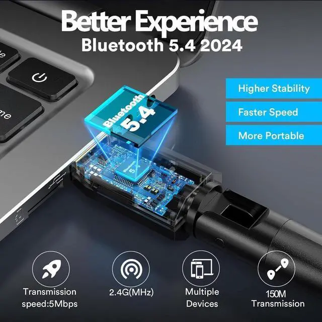 Alt view image 4 of 7 - Bluetooth 5.4 Adapter for PC, 150M Long Range USB Bluetooth Dongle BT 5.4 EDR USB Adapter for PC Wireless Mouse Keyboard Audio Receiver Transmitter, Compatible with Windows 11/10/8.1