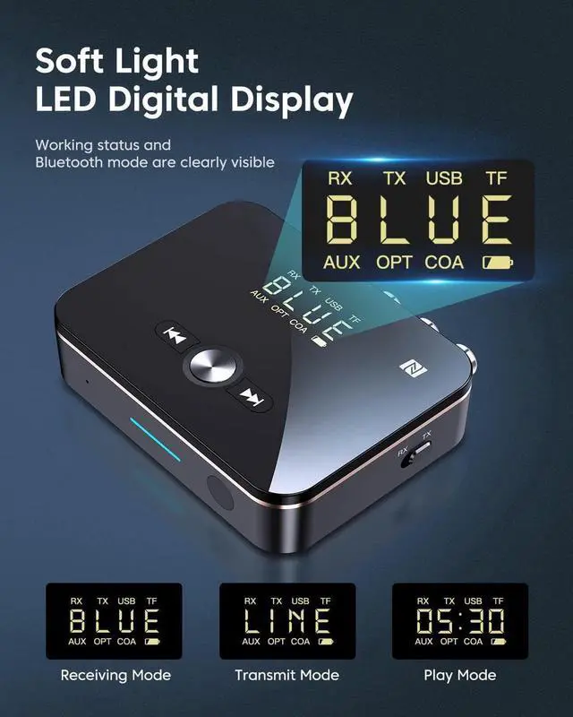 Alt view image 7 of 7 - Bluetooth 5.0 Transmitter Receiver, Wireless Audio Bluetooth Adapter for TV/Home Stereo/Car/PC/MP3 Player/Home Theater/Switch to Wireless Headphones/Speakers,Long Distance Receive