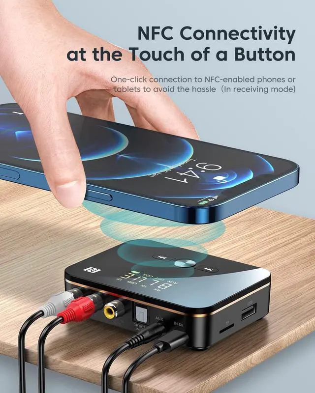 Alt view image 2 of 7 - Bluetooth 5.0 Transmitter Receiver, Wireless Audio Bluetooth Adapter for TV/Home Stereo/Car/PC/MP3 Player/Home Theater/Switch to Wireless Headphones/Speakers,Long Distance Receive