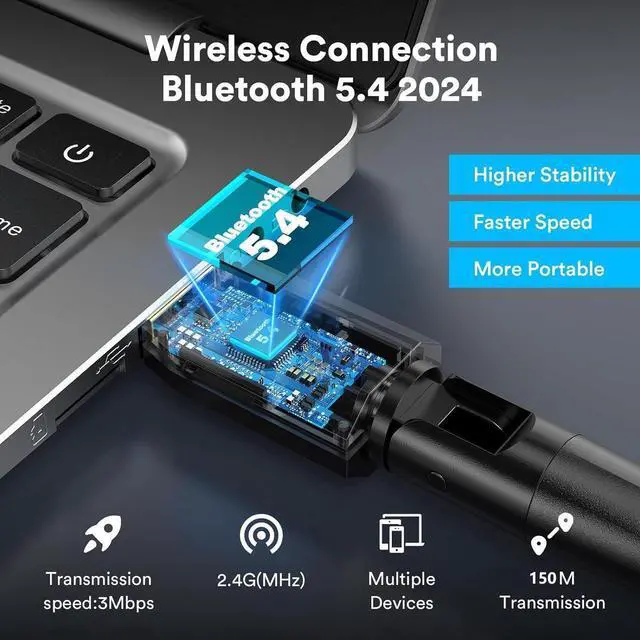 Alt view image 3 of 7 - USB Bluetooth 5.4 Adapter for PC, USB Bluetooth Dongle 5.4 EDR Adapter for Laptop Keyboard Mouse Headsets Speakers, Long Range 492ft/150M Bluetooth Adapter Supports Windows 11/10/8.1(Plug and Play)