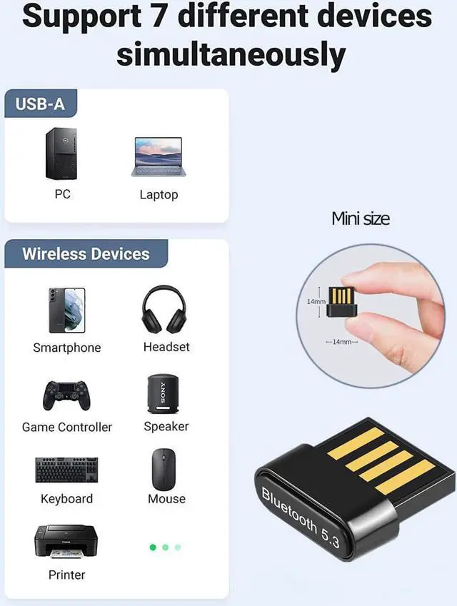 Alt view image 6 of 7 - USB Bluetooth Adapter for PC, USB Bluetooth 5.3 Dongle EDR Bluetooth Stick for PC, Desktop, Laptop Compatible with Windows 11/10/8.1/7