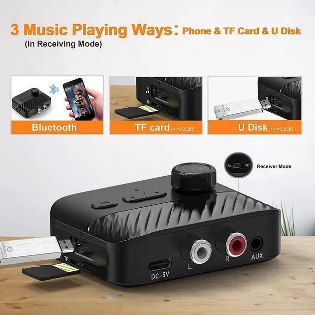 Alt view image 4 of 6 - Bluetooth Transmitter Receiver - V5.3 Bluetooth Audio Receiver w/Display & Knob, 3.5mm AUX RCA Wireless Audio Adapter for Home Stereo/Headphone/Speaker/TV/PC/Car, Support TF Card/U Disk Music Play