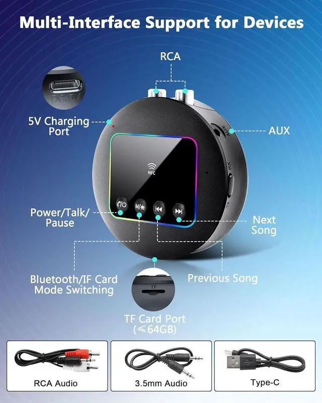 Alt view image 2 of 6 - Wireless Bluetooth 5.4 Adapter - Bluetooth Transmitter & Receiver (TX | RX), Bluetooth Adapter for AUX/RCA/TF/NFC, Plug and Play, Suitable for TV, PC, Audio, Headphones, Projectors, Amplifiers