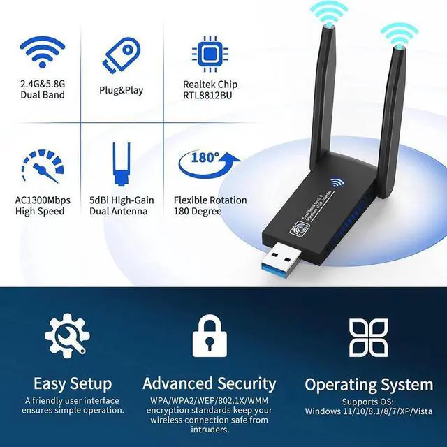 Alt view image 5 of 7 - USB WiFi Adapter for PC Laptop Desktop, AC1300M 2.4GHz/5.0GHz Band USB 3.0 WiFi Wireless Adapter Network Dongle w/High Gain 5dBi Dual Enhanced Antenna for Windows 11 10 8.1 8 7 XP Vista