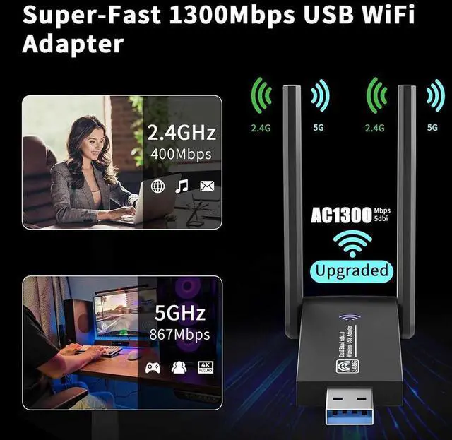 Alt view image 3 of 7 - USB WiFi Adapter for PC Laptop Desktop, AC1300M 2.4GHz/5.0GHz Band USB 3.0 WiFi Wireless Adapter Network Dongle w/High Gain 5dBi Dual Enhanced Antenna for Windows 11 10 8.1 8 7 XP Vista