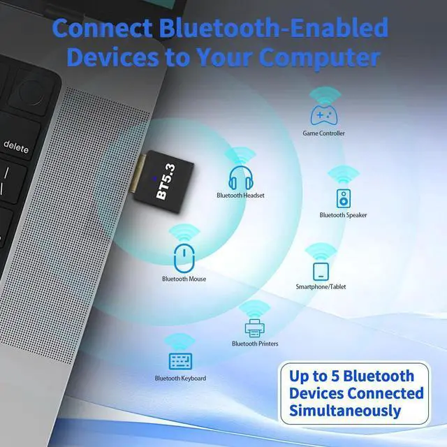 Alt view image 3 of 7 - USB Bluetooth 5.3 Adapter for PC Desktop, 20M Wireless Transmitter Dongle for Windows 11/10/8.1 Computer Laptop, Plug & Play, Pair w/Bluetooth Headset Headphones Speaker Keyboard Mouse Printer