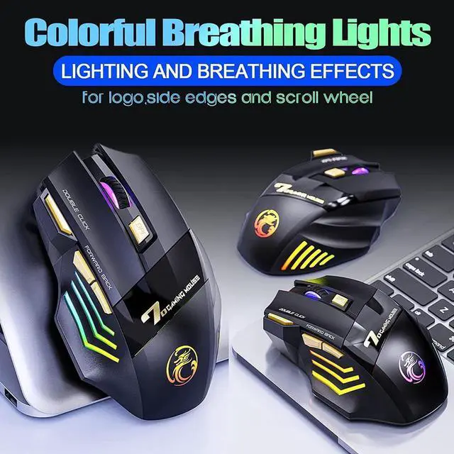 Alt view image 5 of 7 - RGB Wireless Gaming Mouse, Rechargeable Silent Click Gaming Mouse with 2.4G USB Receiver, 3 Adjustable DPI [1200-2400-3200DPI] , 7 Sensitive Buttons Ergonomic RGB Gaming Mouse for Laptop PC Mac