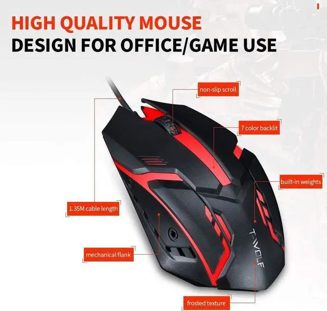 Alt view image 5 of 7 - USB Wired Gaming Mouse, 3 Buttons 7 Coloured Backlight 1200 DPI Office Mouse Built-in Weights for Laptop/PC Gaming Mice