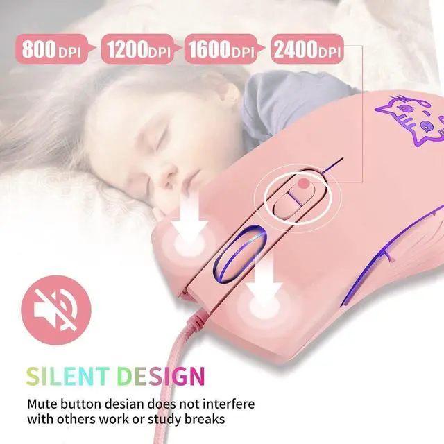 Alt view image 7 of 7 - Wired Gaming Mouse, 7 Colors Backlit Optical Game Mice Ergonomic USB Wired with 2400 DPI and 6 Buttons 4 Adjustable DPI for Computer/Win/Mac/Linux/Andriod/iOS. (Pink)