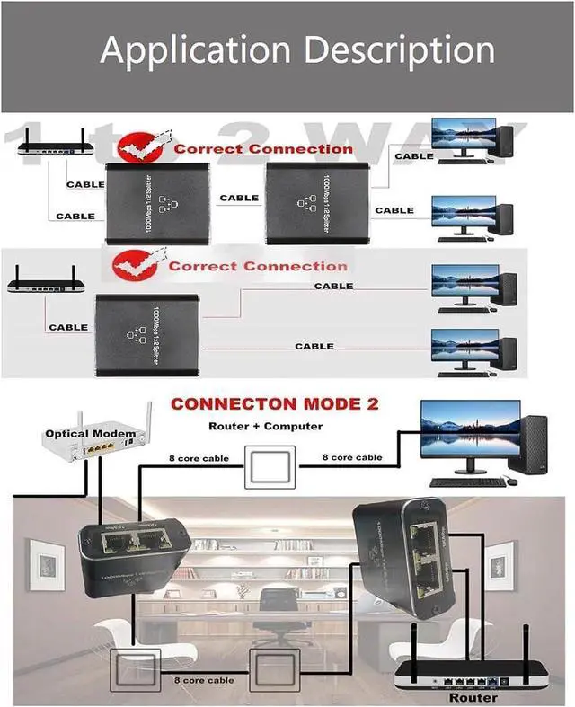 Alt view image 4 of 7 - 1000M Ethernet Splitter High Speed, 1000Mbps Ethernet Splitter 1 to 2 [2 Devices Simultaneous Networking], Gigabit Internet Splitter with USB Power Cable, LAN Splitter for Cat 5/5e/6/7/8 Cable