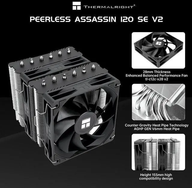 Alt view image 7 of 7 - Thermalright Peerless Assassin 120 SE V2 CPU Air Cooler - 6 Heat Pipes AGHP GEN 5.0 Technology | 1850RPM PWM 120mm Fans, for Intel 1851/1700/115X/1200, AMD AM4/AM5