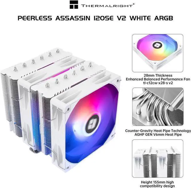 Alt view image 2 of 6 - Thermalright Peerless Assassin 120 SE ARGB V2 CPU Air Cooler - 6 Heat Pipes AGHP GEN 5.0 Technology | 1850RPM PWM 120mm Fans, for Intel 1851/1700/115X/1200, AMD AM4/AM5 White