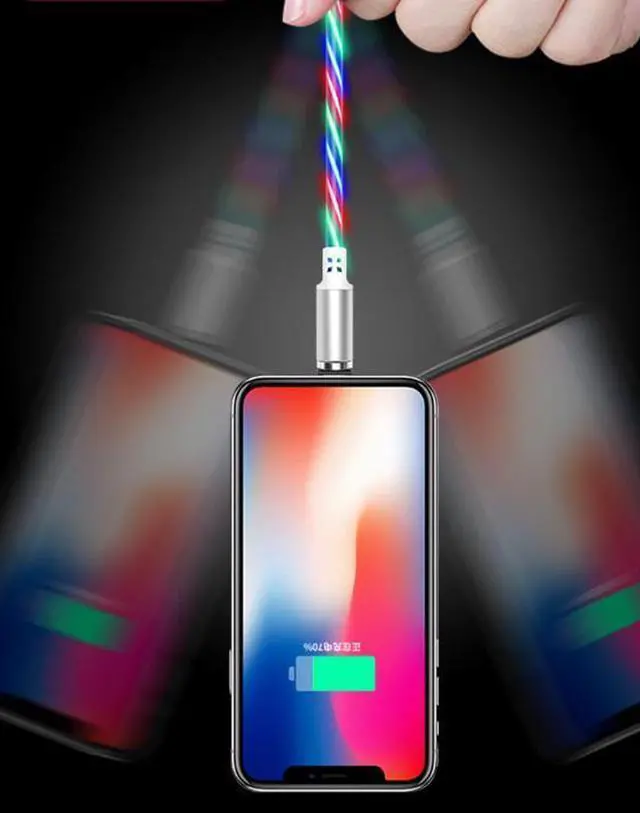 Alt view image 7 of 7 - 3 in 1 colorful LED Flowing Magnetic Charger Blue Cable Light Up Candy Moving Party Shining Charger Phone Charging Cable Magnetic Streamer Absorption USB Snap Quick Connect 3 in 1 USB Cable