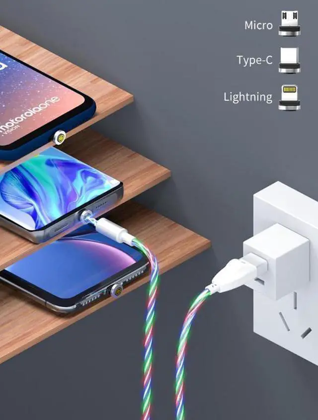 Alt view image 5 of 7 - 3 in 1 colorful LED Flowing Magnetic Charger Blue Cable Light Up Candy Moving Party Shining Charger Phone Charging Cable Magnetic Streamer Absorption USB Snap Quick Connect 3 in 1 USB Cable