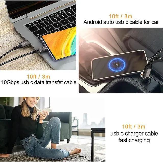 Alt view image 6 of 7 - USB A to USB C Cable [2 Pack 10ft], USB 3.1/3.2 Data Transfer and 60W 3A Fast Charging Cable, for Android Auto S-a-m s-u-n-g Galaxy S23 S22 S21 S20 Ultra and Other Type C Phone Laptop PC Devices