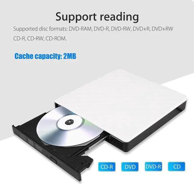 Alt view image 3 of 7 - External CD DVD Drive, Portable USB 3.0 External CD/DVD Drive Reader DVD CD RW Writer Burner Player Optical DVD Drive for Laptop, Desktop, Mac, IOS, Windows 10/8/7 / XP/ Linux/ Vista (White)