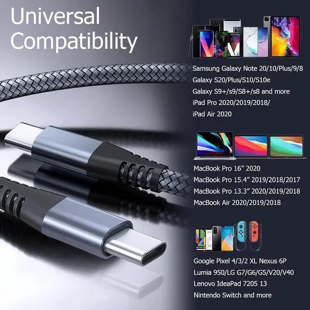 Alt view image 3 of 7 - USB C to USB C Cable 3.3ft 60W, 3Pack USB C Cable, PD Type C Charging Cable Fast Charging Compatible with MacBook Pro 2020, iPad Pro, iPad Air 4, Galaxy S20, Switch, Pixel, LG and Other USB C Charger