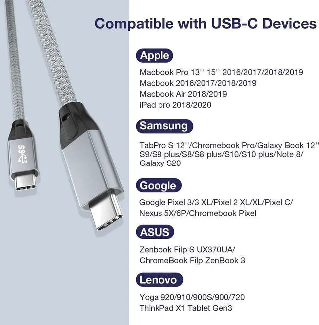 Alt view image 3 of 7 - USB C to USB C 3.2 Cable 3.3FT/1M, 100W & 20Gbps USB 3.2 Gen 2X2 Cable, 4K @60Hz Video Cord with E-Marker for Thunderbolt 3/4, iMac, MacBook, Dell XPS, iPad Pro, Galaxy S21, Switch etc