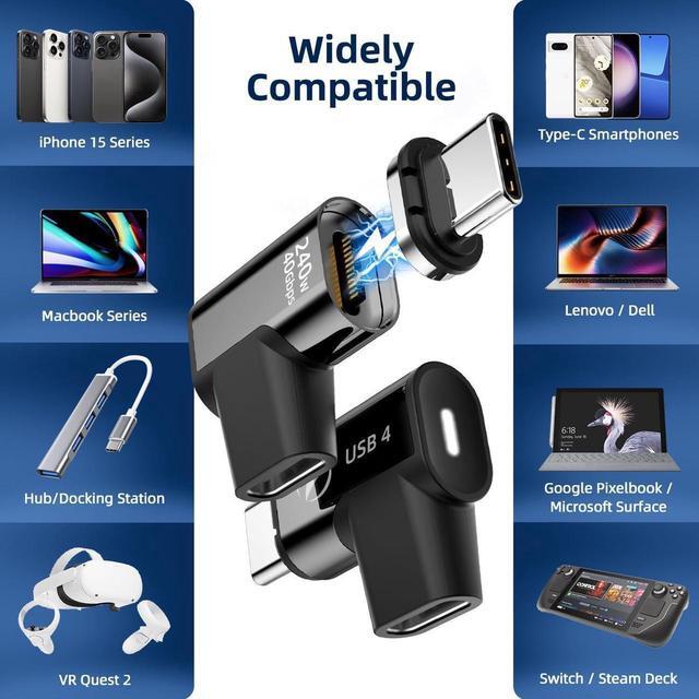 Alt view image 6 of 7 - 240W USB C Magnetic Adapter, [2 Pack] Magnetic USB C Adapter Right Angle 24Pin with USB 4 40Gbps 8K 60Hz Type-C Adapter for i-Phone 15 Series, Thunderbolt 3/4, MacBook Pro/Air and More Type C Devices