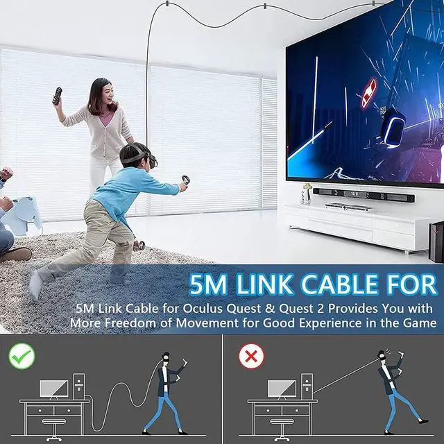 Alt view image 3 of 7 - 16ft / 5M Nylon Braided VR Link Cable for Oculus Quest 2 Quest 1 VR Headset, USB 3.0 USB A to USB C Type C 5Gbps High Speed Data Transfer Charging Cord Compatible for Oculus VR Headset, PC Game