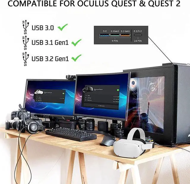 Alt view image 2 of 7 - 16ft / 5M Nylon Braided VR Link Cable for Oculus Quest 2 Quest 1 VR Headset, USB 3.0 USB A to USB C Type C 5Gbps High Speed Data Transfer Charging Cord Compatible for Oculus VR Headset, PC Game