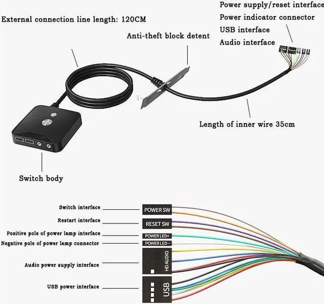 Alt view image 6 of 7 - Desktop Computer Switch Button Extension Cord with Dual USB Audio Desktop Host External On/Off Start / Reset /Audio Button Paste Type Computer Switch