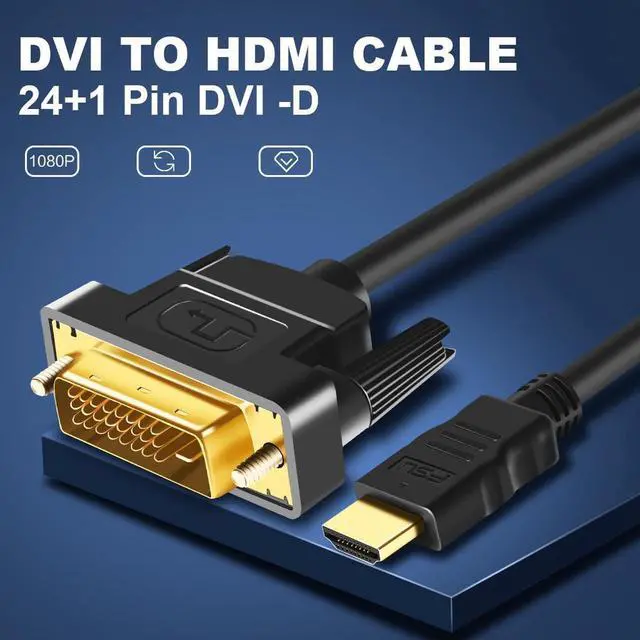 Alt view image 2 of 7 - HDMI to DVI Cable, 10 Feet HDMI Male to DVI(24+1) Male Cable, Gold Plated HDTV to DVI Cable, Support 1080P, 3D, for Raspberry Pi, Roku, Xbox One, Blue-ray, Nintendo Switch (10ft / 3M)