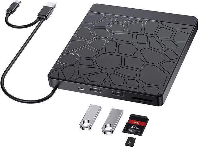 Main image of External CD DVD Drive, Type-C USB 3.0 Slim Portable CD Reader with SD TF Card Reader & USB-Stick Port, CD/DVD-RW Burner Low Noise High Speed Data Transfer Super Drive for Laptop PC Windows,OS