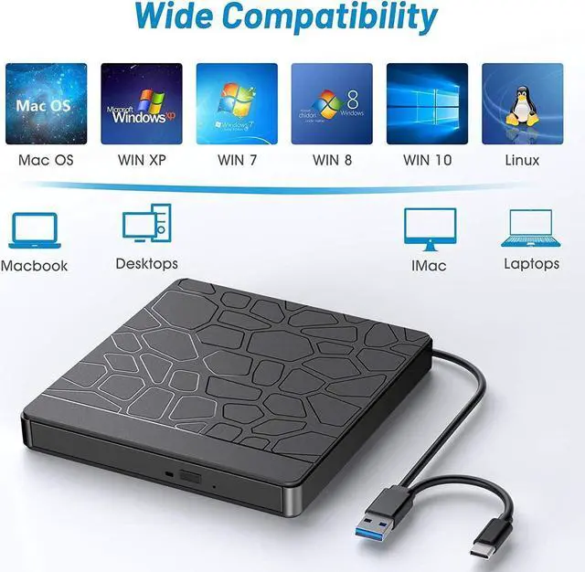 Alt view image 6 of 7 - External CD DVD Drive, Type-C USB 3.0 Slim Portable CD Reader with SD TF Card Reader & USB-Stick Port, CD/DVD-RW Burner Low Noise High Speed Data Transfer Super Drive for Laptop PC Windows,OS